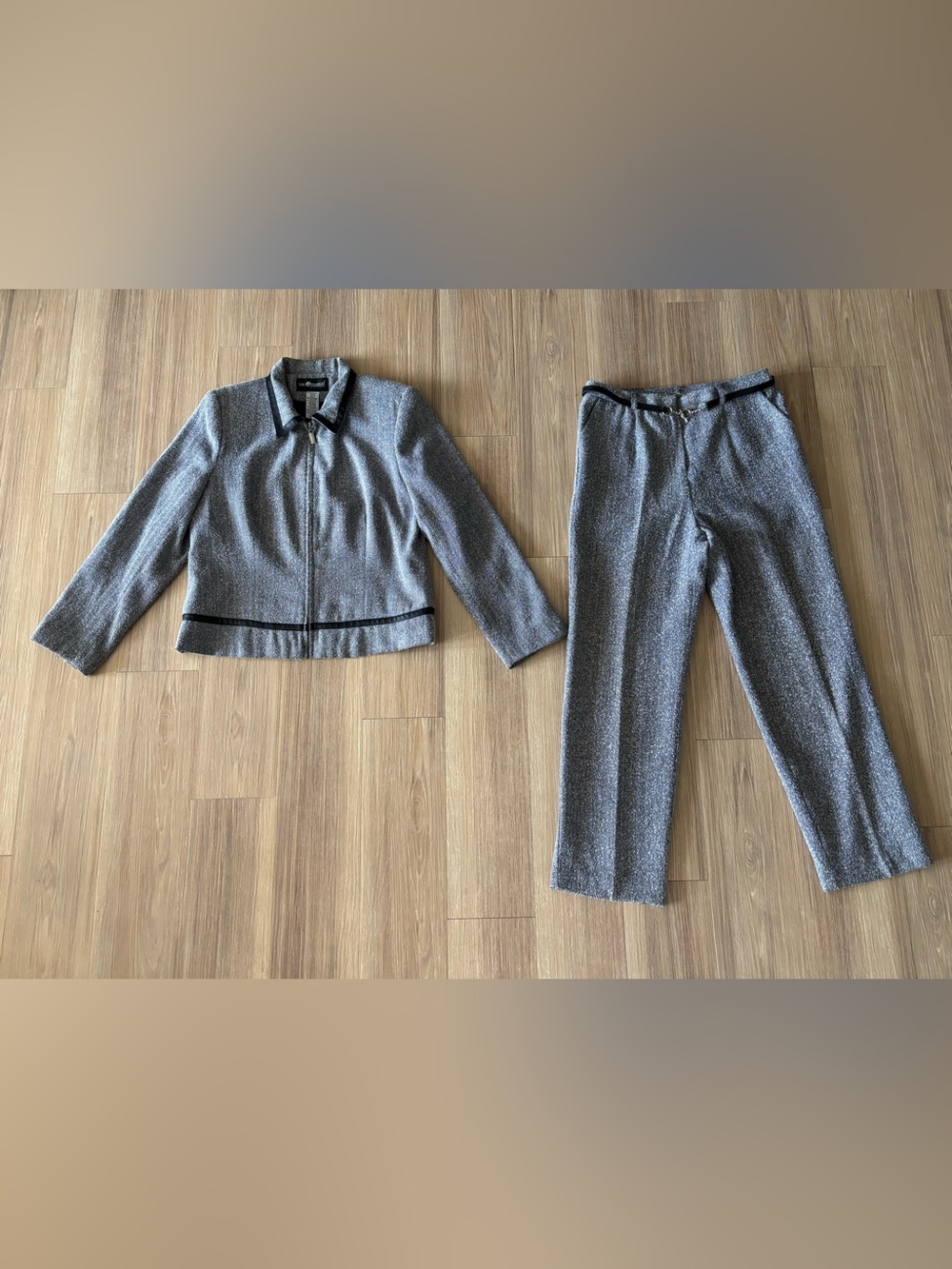 Vintage Sag Harbor Pant Suit Blazer Set Herringbone Belted Womens 10 Office 90s